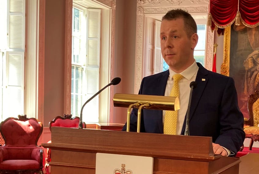 Internal Services Minister Colton LeBlanc announces an extension of the Nova Scotia rent cap on Wednesday, March 22, 2023, at Province House in Halifax. - Francis Campbell