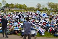 More than 1,000 Canadian nurses spread out on the ground at Confederation Landing Park in Charlottetown on June 9 as part of a dying for safe staffing rally. It was part of the Canadian Federation of Nurses Unions conference at the P.E.I. Convention Centre this week. Inadequate staffing was the main topic at the conference. Dave Stewart • The Guardian