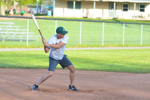 The P.E.I. Islanders’ Scott Harper awaits a pitch during the New Brunswick Senior Baseball League team’s practice at Memorial Field in Charlottetown recently. Harper, who is 51, is off to a strong start in the 2023 New Brunswick Senior Baseball League season. The Islanders host Saint John in a doubleheader on June 10 at 2 p.m. Jason Simmonds • The Guardian