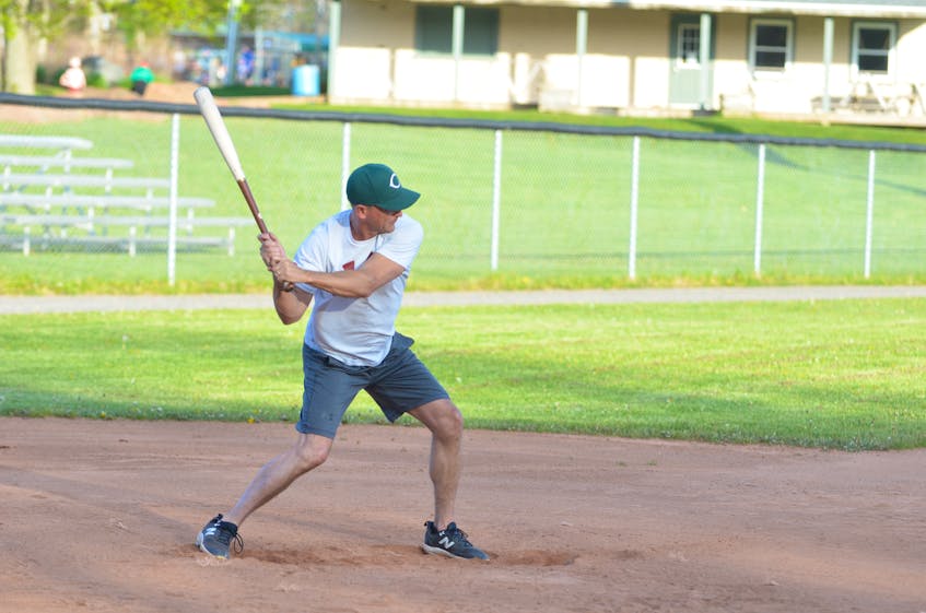 The P.E.I. Islanders’ Scott Harper awaits a pitch during the New Brunswick Senior Baseball League team’s practice at Memorial Field in Charlottetown recently. Harper, who is 51, is off to a strong start in the 2023 New Brunswick Senior Baseball League season. The Islanders host Saint John in a doubleheader on June 10 at 2 p.m. Jason Simmonds • The Guardian