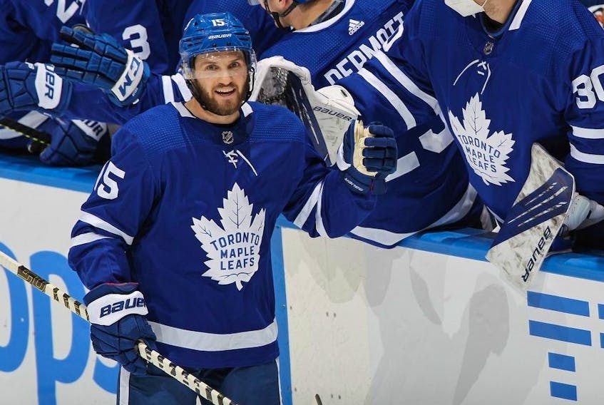 Alex Kerfoot of the Toronto Maple Leafs celebrates his eventual game-winning goal against the Ottawa Senators at Scotiabank Arena on February 17, 2021 in Toronto, Ontario, Canada. The Maple Leafs defeated the Senators 2-1.