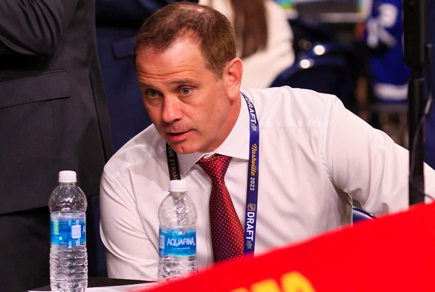 Calgary Flames general manager Craig Conroy is seen prior to round one of the 2023 Upper Deck NHL Draft at Bridgestone Arena on June 28, 2023 in Nashville, Tennessee.