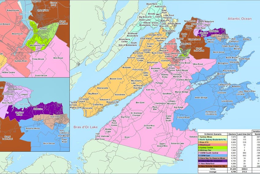 A map outlines a proposed 12 districts, with some changes, for the Cape Breton Regional Municipality, as part of a municipal boundary review undertaken last year. The Nova Scotia Utility and Review Board has given its approval for CBRM to keep its 12 districts, with one councillor serving each district. CONTRIBUTED