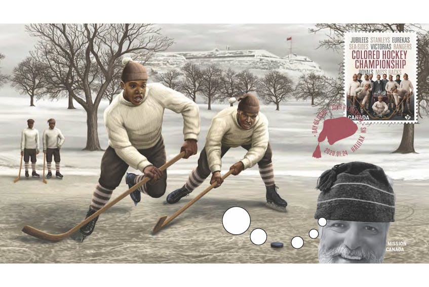 In this imagined hockey scene, Halifax Eurekas may have practised on Egg Pond, near the Halifax Citadel. David Foster Carter (lower right) helped reconstruct the hockey heritage for a Canada Post stamp.