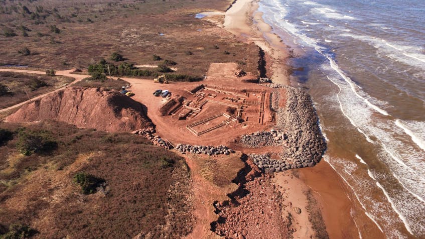 A drone photograph shot in the fall of 2022 and shared with The Guardian shows the footprint of the new seawall and foundations for a development on Kelpie Lane in Point Deroche, P.E.I.  Perry Williams • Special to The Guardian