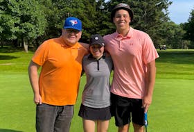 The golf squad for Team Mi’kmaq Nova Scotia at next week's North American Indigenous Games features coach Billy Gloade (left), Jenae Bernard and Isaiah Johnson. The third member of the team, Grace Berry, is not pictured. - Contributed