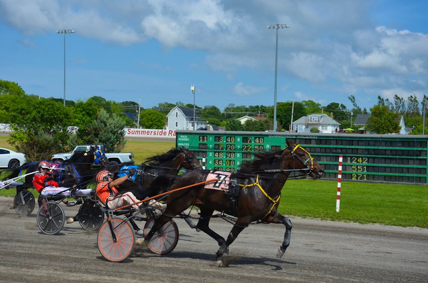 Kenny Murphy drives Matticulous GB to victory over second-place finisher, the Paul Langille-driven Batterup Hanover, in the second of two Governor’s Plate elimination races at Red Shores at Summerside Raceway on July 9. The 55th edition of the Governor’s Plate, presented by Summerside Chrysler Dodge, goes for a record purse at the Prince County oval on July 15. Jason Simmonds • The Guardian