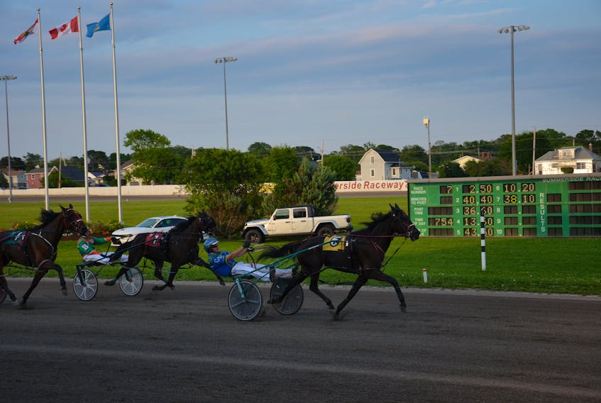 Corey MacPherson drives Saulsbrook Abbey to victory in a $14,640 A Division of the Atlantic Sires Stakes for three-year-old pacing fillies at Red Shores at Summerside Raceway on July 14. Time of the mile was 1:55.0 – one-fifth of a season off the track record for three-year-old fillies. Jason Simmonds • The Guardian