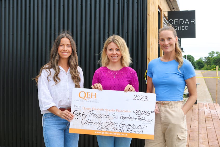 Sponsors of the QEH Foundation's Ultimate Shed Giveaway. From left, Jennie Arsenault of Arsenault Bros. Construction, Jillian Sexton of Sherwood Timber Mart, Sara Dykerman of Plank and Pine Interior Design. - Contributed