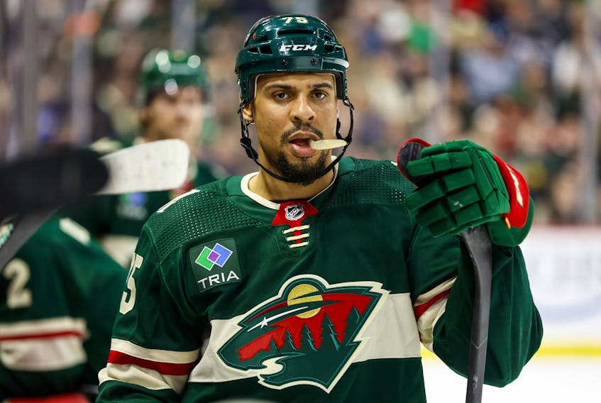 Ryan Reaves, then with the Minnesota Wild, looks on during a game at the Xcel Energy Center. 