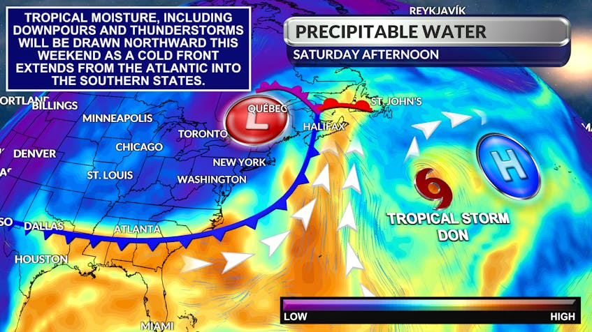 Tropical moisture will contribute to intense downpours and thunderstorms in much of Atlantic Canada this weekend.