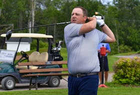Kevin (Tuna) George takes a practice swing Thursday afternoon at Lingan Golf and Country Club in Sydney. The Sydney golfer will look to win his fourth-straight Cape Breton Roadbuilders, presented by Ultramar, golf tournament this weekend. JEREMY FRASER/CAPE BRETON POST
