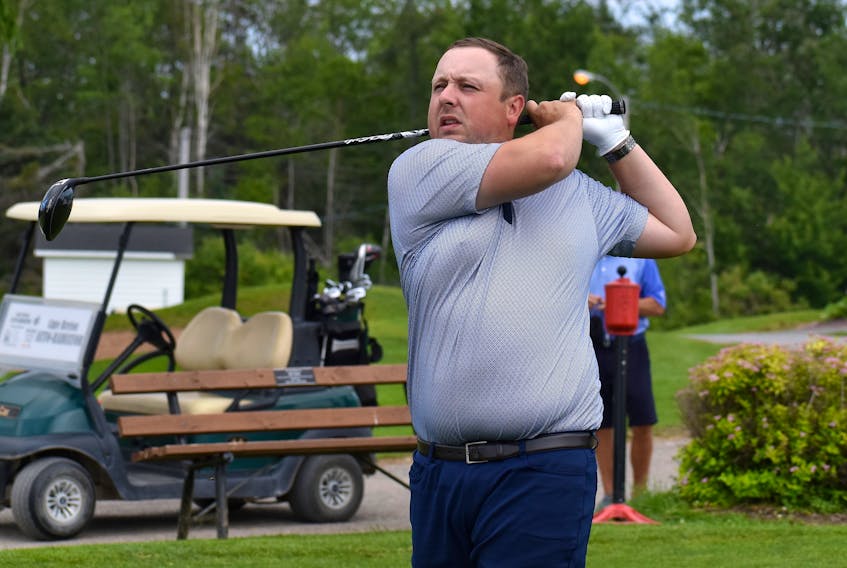 Kevin (Tuna) George takes a practice swing Thursday afternoon at Lingan Golf and Country Club in Sydney. The Sydney golfer will look to win his fourth-straight Cape Breton Roadbuilders, presented by Ultramar, golf tournament this weekend. JEREMY FRASER/CAPE BRETON POST