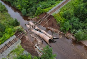 A CN Rail line betwen Truro and Halifax, is seen washed out, following Friday evening's epic rainstorm, seen near Millbrook, NS Sunday July 23, 2023.

TIM KROCHAK PHOTO