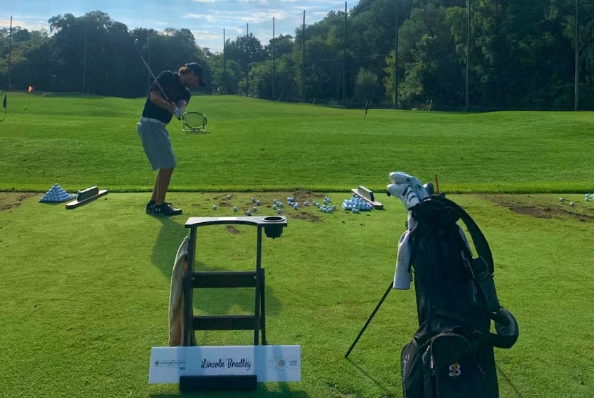 Lincoln Bradley of Millville takes practice swings prior to the start of the Canadian Men’s Mid-Amateur Championship at Thornhill Golf and Country Club last summer. Bradley will compete in the Nova Scotia mid-amateur this weekend and hopes to return to the national event later this summer. CONTRIBUTED