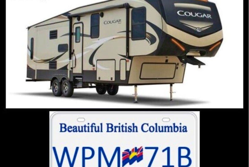  A stock image of the travel trailer associated with Bolton and the alleged abduction. The Brown 2018 Cougar trailer, model 368, has B.C. license plate WPM 71B.