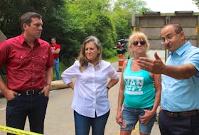 West Hants Mayor Abraham Zebian, right, explains some of the damage in Ellershouse to, from left, Kings-Hants MP Kody Blois, Canada’s Deputy Prime Minister Chrystia Freeland and Ellershouse resident Marie Harvie. Freeland was in the community July 27 to see the damage and meet with local officials.
