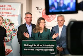 Finance Minister Chrystia Freeland (centre) speaks in Charlottetown alongside Charlottetown MP Sean Casey and Malpeque MP Heath MacDonald. Freeland said she has been informed about the challenges facing the province’s Wood Islands ferry by Cardigan MP Lawrence MacAulay. - Stu Neatby