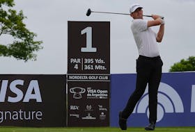 Myles Creighton of Digby watches his opening drive at the PGA Tour Latinoamerica's 115 VISA Argentine Open on Dec. 2 in Buenos Aires, Argentina. Creighton has earned status on the Korn Ferry Tour in 2024. - Gregory Villalobos / PGA Tour Latinoamerica