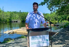 Sean Fraser, the federal immigration minister and Central Nova MP, speaks at a news conference on the polluting pricing rebate at Shubie Park in Dartmouth on Thursday, July 6, 2023.