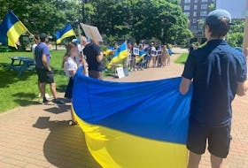 About 80 people gathered in a Halifax park Sunday to mark 500 days of fighting in the war in Ukraine.