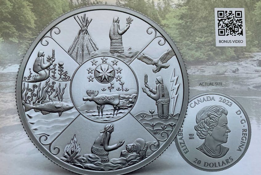 The Mi'kmaq Creation Story is a new coin from the Royal Canadian Mint, designed by Stephenville Mi'kmaw artist Marcus Gosse. Each of the coin's five segments depicts the seven levels of the creation story, except for the middle section which depicts three levels.