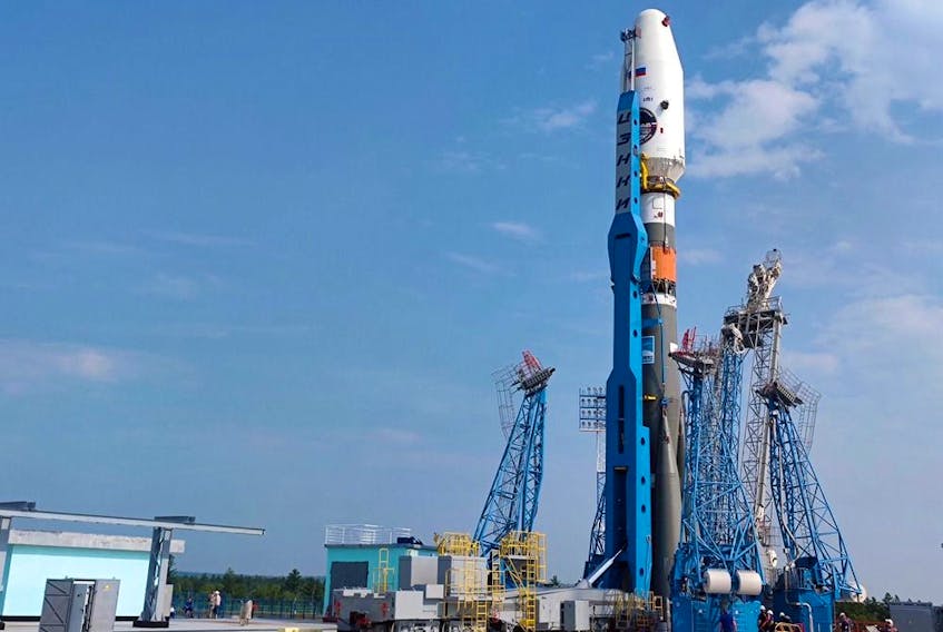 A Soyuz rocket with the Luna 25 lander is seen mounted on the launch pad ahead of its launch scheduled for Aug. 11, 2023, at the Vostochny Cosmodrome.