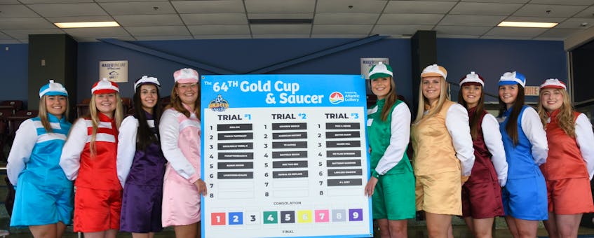 The 2023 Gold Cup and Saucer ambassadors were introduced during a media conference at Red Shores Racetrack and Casino at the Charlottetown Driving Park on Aug. 8. The ambassadors, posing with the draws for the three Gold Cup and Saucer Trials, are, from left, Alyssa Cooper, Lacey White, Cassie Stewart, Gracie Clark, Lily Hickey, Gillian Fraser, Taylor MacBeath, Emma Richard and Shaelyn Crane-Paterson. Gail MacDonald Photo • Special to The Guardian
