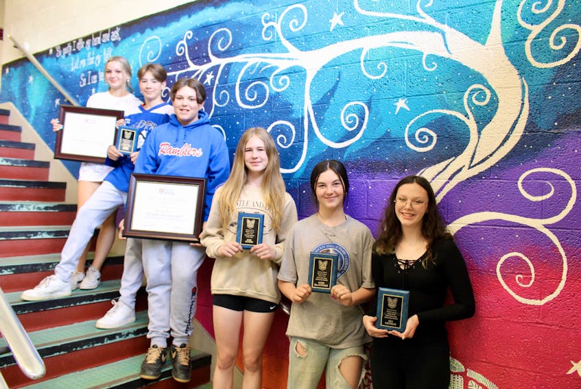 Sydney Mines Middle School held its annual awards night in June. Sports award winners, from left, Haley Herridge (SSNS Exemplary Participation Award), Jasper Allain (Student-Athlete Award), Parker Gillam (SSNS Exemplary Participation Award), Jade Vickers (Student-Athlete Award), Sadie MacDonald (Carol Ann Guy Memorial Award) and Lilly Crowdis (Carol Ann Guy Memorial Award). Missing from the photo were James Neil (Simon Chiasson Award) and Porter Young (Simon Chiasson Award). CONTRIBUTED/DANIELLE LEVANGIE