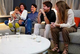  Justin Trudeau watches election results with wife Sophie Grégoire Trudeau and their children, Xavier, Ella-Grace and Hadrien on September 20, 2021.