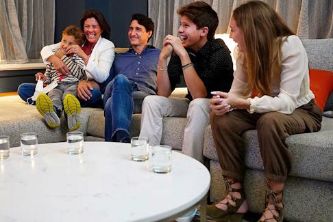  Justin Trudeau watches election results with wife Sophie Grégoire Trudeau and their children, Xavier, Ella-Grace and Hadrien on September 20, 2021.