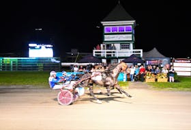 Jason Hughes drives PL Ozzy, front, to victory in Atlantic Lottery Gold Cup and Saucer Trial 3 at Red Shores Racetrack and Casino at the Charlottetown Driving Park on Aug. 14. Time of the mile was 1:51.4. Gail MacDonald Photo • Special to The Guardian