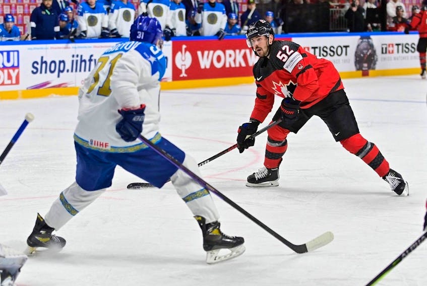  MacKenzie Weegar shoots during the IIHF Ice Hockey Men’s World Championships Preliminary Round in Riga, Latvia, on May 12, 2023.