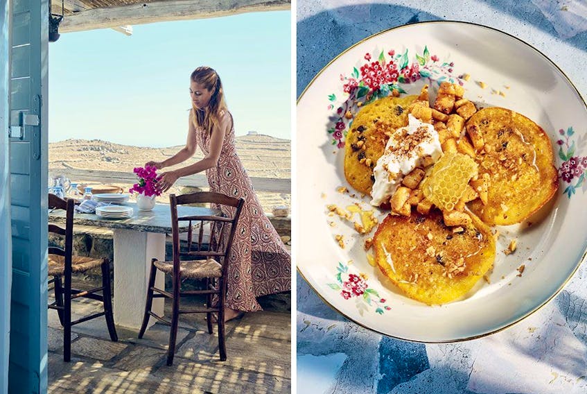 Chef, food writer and cookbook author Carolina Doriti was born and raised in Athens. (Right, tzaletia, corn and currant pancakes with apple and honeycomb.) PHOTOS BY MANOS CHATZIKONSTANTIS