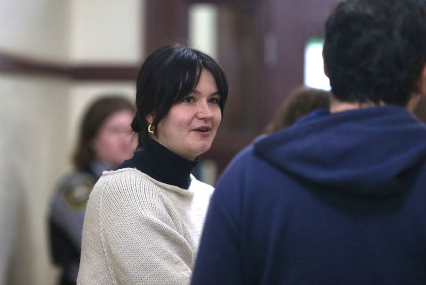 Natasha Angelique Danais, 26, is seen at provincial court in Halifax Wednesday May 3, 2023. She is facing three counts of assaulting a police officer and one count of resisting arrest during the protest of the removal of the temporary homeless shelters on Aug. 18, 2021.