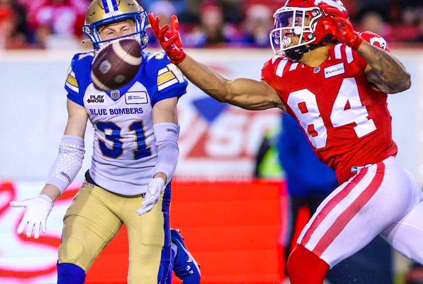 Calgary Stampeders receiver Reggie Begelton could not quite pull in this pass during CFL action against the Winnipeg Blue Bombers at McMahon Stadium in Calgary on Friday, August 18, 2023. 
Gavin Young/Postmedia
