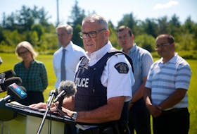 RCMP Superintendent Sean Auld, Support Services, announces that the body belonging to a youth that was found near Advocate Harbour yesterday, is believed  to be the last person missing, following last week's intense storm...at the RCMP detachment in Windsor, NS Wednesday August 2, 2023.

TIM KROCHAK PHOTO