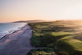 Looking north along the Cape Breton’s west coastline, the Cabot Links golf course is in the foreground, while its sister course Cabot Cliffs is located further down the beach. CONTRIBUTED/JACOB SJOMAN PHOTO
