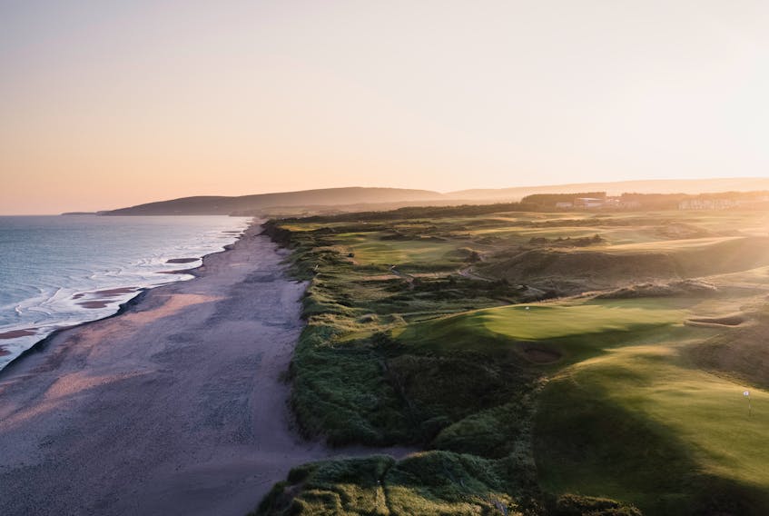Looking north along the Cape Breton’s west coastline, the Cabot Links golf course is in the foreground, while its sister course Cabot Cliffs is located further down the beach. CONTRIBUTED/JACOB SJOMAN PHOTO