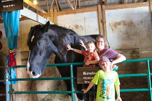 Shannon Peters and her children Jake, 4, left, and Kaecy, 7, hang out with Kruise, one of two horses Shannon has entered for a horse show, at the Cape Breton Exhibition on Saturday.