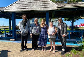 Todd Jay, left, Heather Frizzell, Elysha Whitlock, Ivy Inkpen and Ben Jelley stand in front of a gazebo in downtown Summerside. The gazebo, which a number of the city's homeless residents had been sleeping in, was cleaned up by Summerside staff on Aug. 22. – Kristin Gardiner/SaltWire