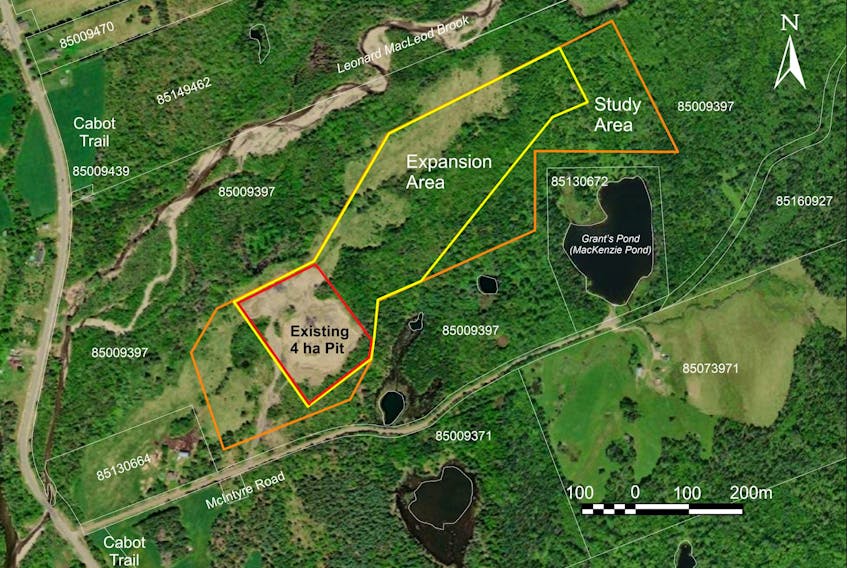 A map of the Middle River gravel pit site, with outlines of its current and proposed size. The pit is on the McIntyre Road, just off the Cabot Trail in Middle River.