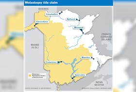 A map showing the Wolastoqey Nation's title claim in New Brunswick.