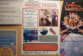 A poster seeking to solve the disappearance of Erin Brooks of Sitansisk (St. Mary's First Nation) is posted at the St. Mary's Entertainment Centre. Earlier in the week, the chief and council declared a state of emergency over illegal drugs.