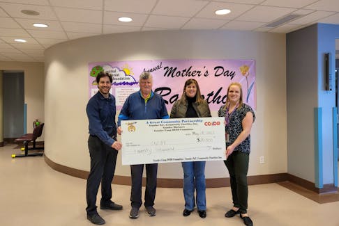 Members of the Central Northeast Health Foundation (CNEHF) accepting a $20,000 donation from the Co-op 50/50 Committee in Gander, N.L. Pictured from left to right; Josh Stoyles (Interim Executive Director, CNEHF), Claude Elliot (CNEHF Board Member, Co-op 50/50 Committee Board member), Sherry Gabriel (Co-op 50/50 Committee Chairperson), Janine Sheppard (Manger of Site Operations James Paton Memorial Regional Health Centre, CNEHF Ex-Officio). PHOTO CREDIT: Central Northeast Health Foundation