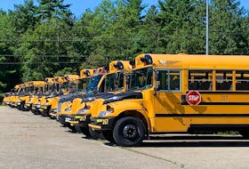 School buses are lined up in Shelburne ready to start transporting students for another school year. KATHY JOHNSON