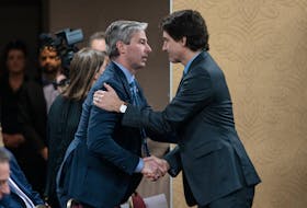 Prime Minister Justin Trudeau, right, is greeted by Nova Scotia Premier Tim Houston prior to the final report of the Mass Casualty Commission inquiry into the mass murders in rural Nova Scotia in Truro, N.S. on Thursday, March 30, 2023. THE CANADIAN PRESS/Darren Calabrese  Premier Tim Houston and Prime Minister Justin Trudeau meet in Truro on Thursday, March 30, 2023 as the Mass Casualty Commission released its final report into the killings in rural Nova Scotia on April 18-19, 2020 .