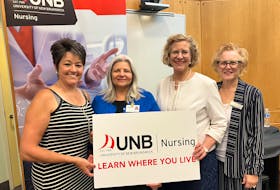 Miramichi MLA Michelle Conroy, left, Brenda Kinney, vice-president and chief nursing officer at Horizon Health Network, Denise LeBlanc Kwaw, Nursing Association of New Brunswick CEO and Lorna Butler, dean of the faculty of nursing at the University of New Brunswick, announced a new program that will allow some nursing students to complete their studies closer to their home communities. 
- Contributed