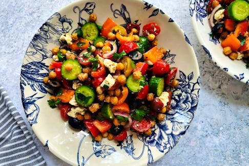 Greek salad with roasted chickpeas. Photo by Renee Kohlman.