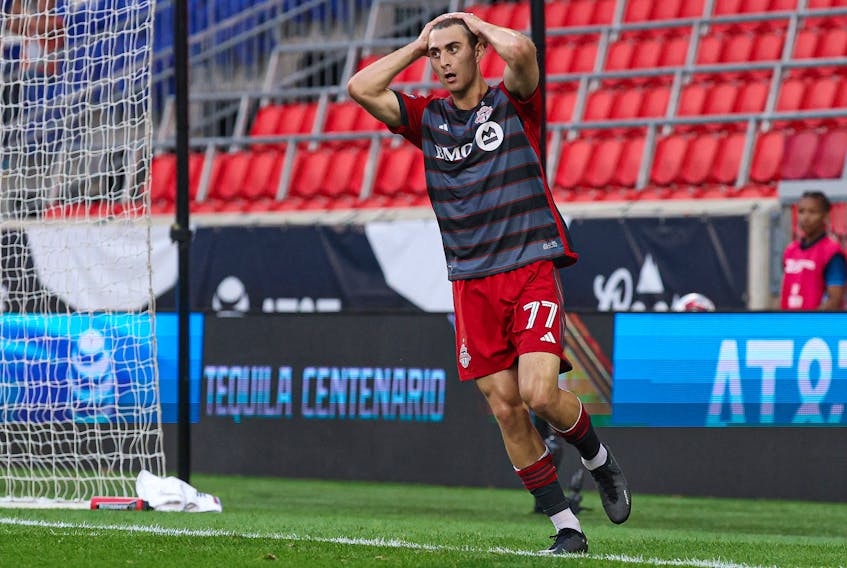 Jordan Perruzza of Toronto FC reacts after a missed scoring opportunity during the second half of a July 26 match against New York City FC at Red Bull Arena. The Canadian forward has been loaned by the MLS club to the HFX Wanderers for the remainder of the 2023 CPL season. - Vincent Carchietta / USA Today Sports